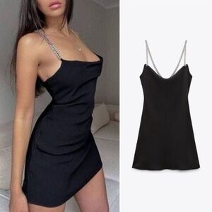 Zara Metal Jeweled Chain Straps Cowl Neck Mini Dress Black Size XS